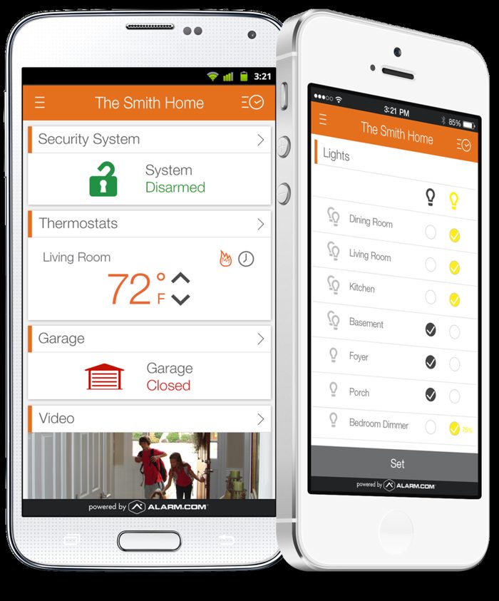 Alarm.com mobile app on two smartphones showing security system, thermostat, garage and lights controls